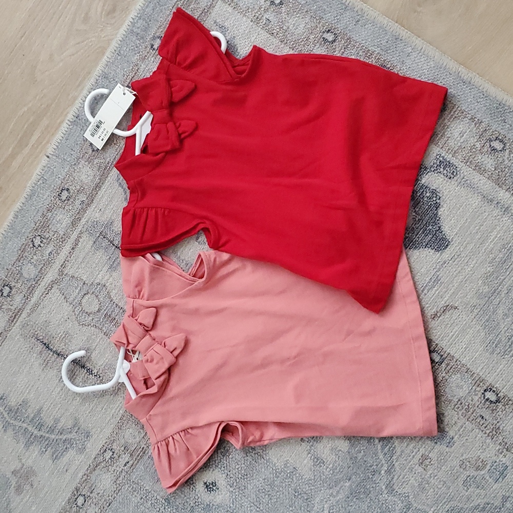 NWT Janie and Jack Bundle Of 2 Red Pink Bow Flutter Sleeves Top Shirt Sz3